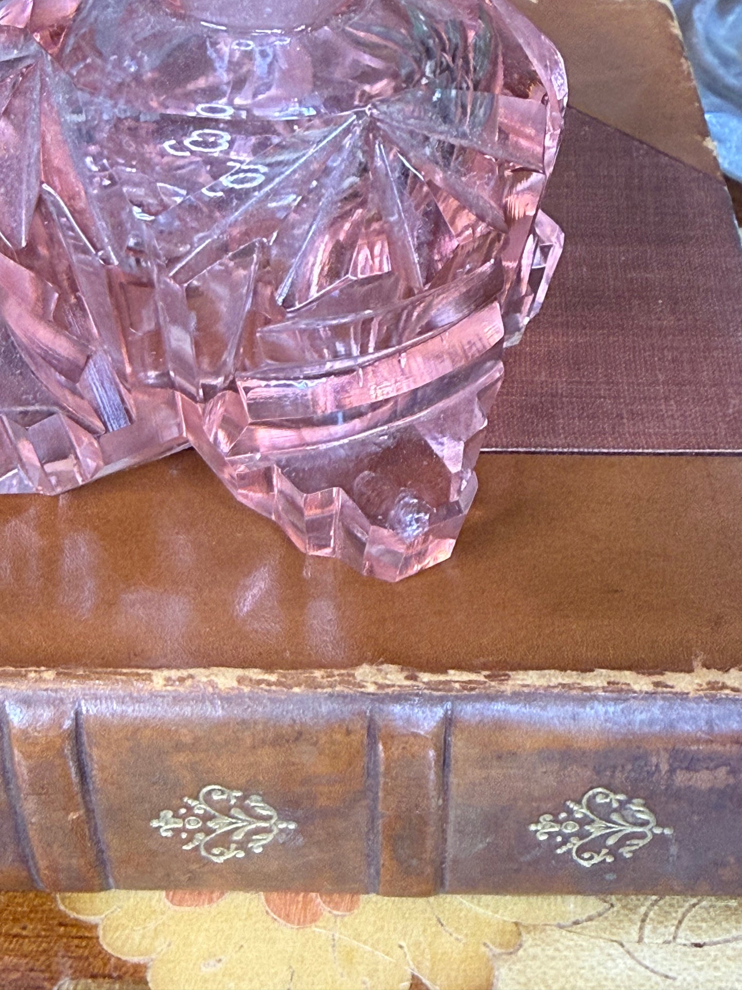 Antique Czechoslovakian Pink Cut Crystal Perfume Bottle with Etched Floral Stopper | 6.5” Tall