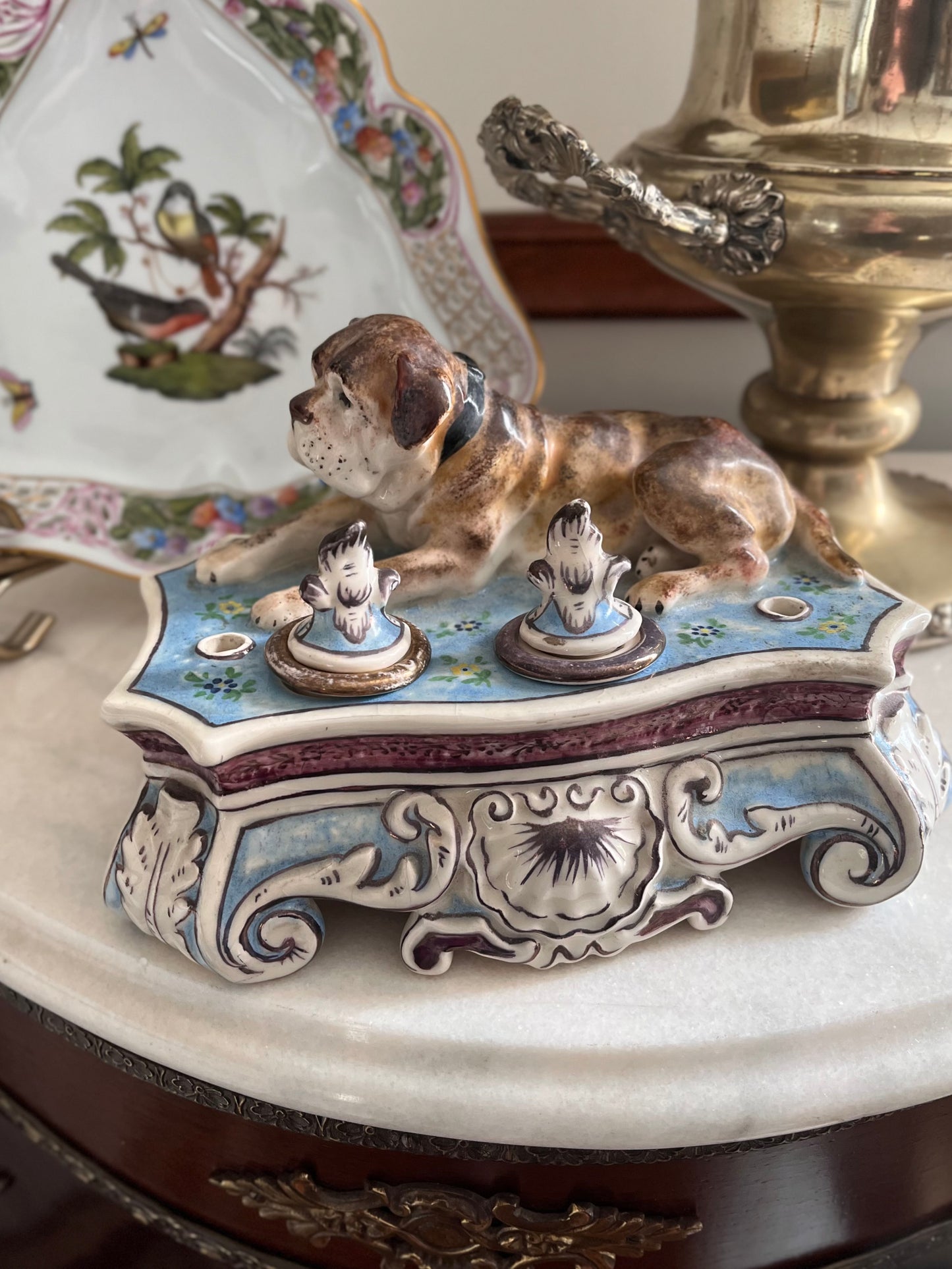 Live 12/16 Reserved Amy H  Italian Porcelain Figural Dog Inkwell on Rococo Base