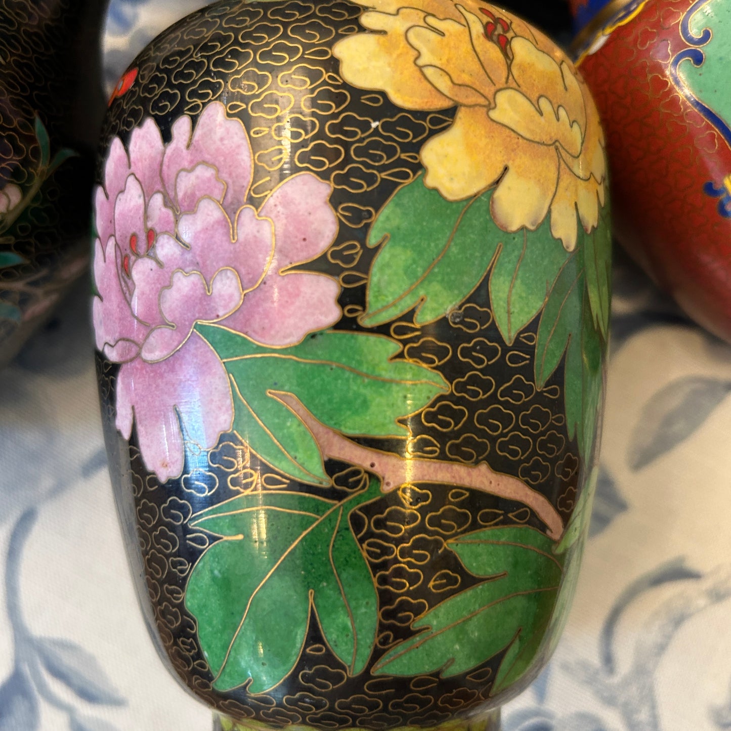 Set of 3 Bold vintage brass & enamel cloisonné etched vases