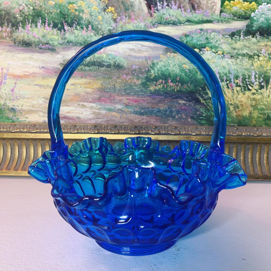Gorgeous Fenton glass cobalt basket with ruffled edges, handle, and thumbprint indent design!