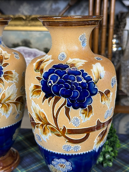 RESERVED - GRANDDIVA - Pair of Antique Royal Doulton Slater’s Patent Stoneware Floral Vases | Cobalt Blue & Ochre | c. 1905–1910