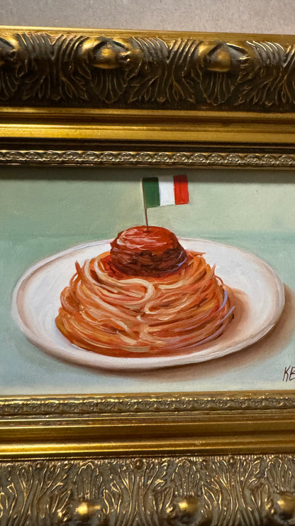 Italian Spaghetti and Meatballs Original Oil Painting Framed Kitchen Wall Art