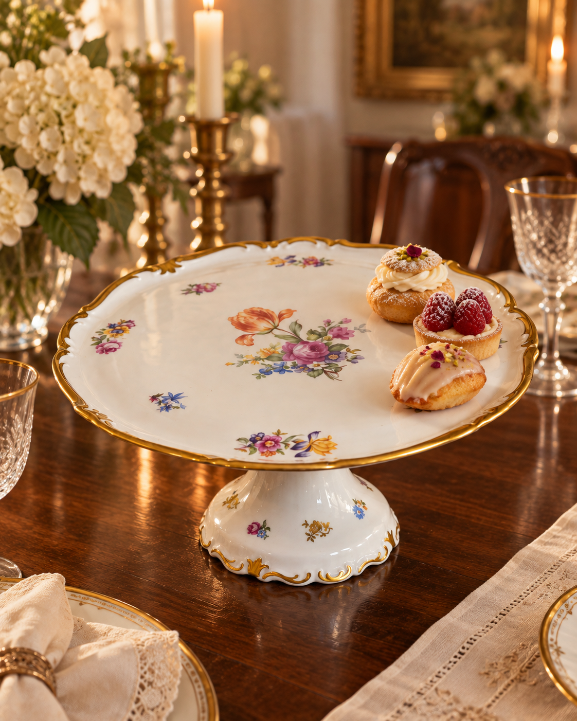 Vintage East German Floral Porcelain Pedestal Cake Stand 12 Inch Gold Trim