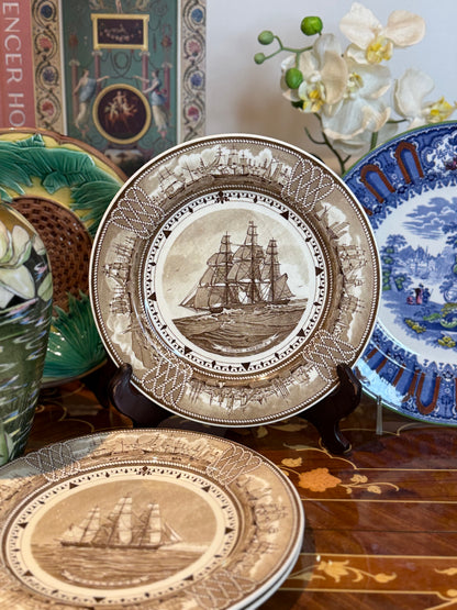 Vintage Set of (5) Wedgwood “The American Clipper Ship Plates” 9” Brown Transferware Nautical Plates – England