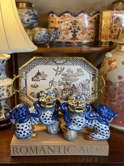 Danny’s Fine Porcelain - Blue & White Spaniel Foo Dog Figure Pair W/ Gold Accent: 17Lx4.5Wx6.5H