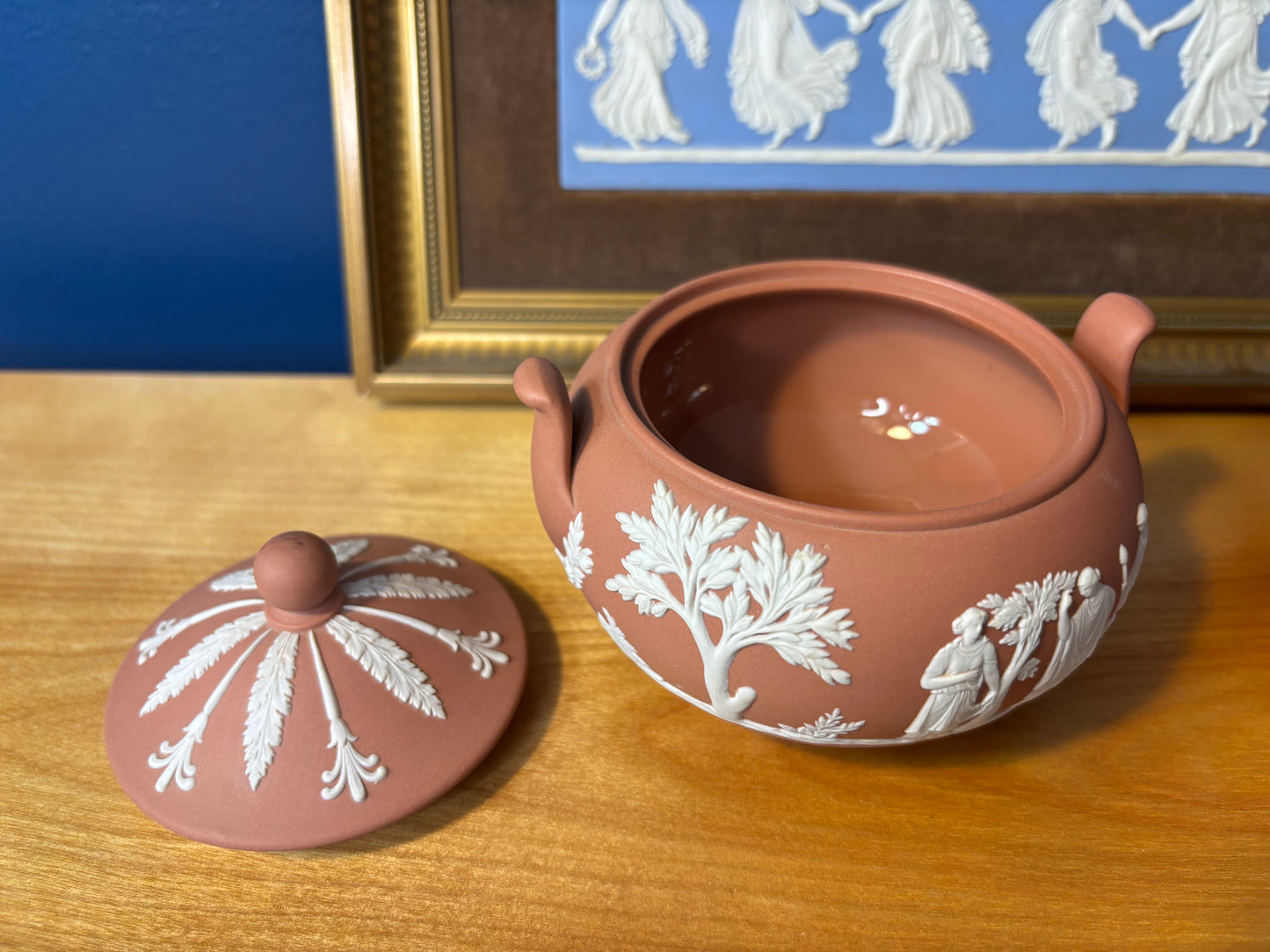 Wedgwood Jasperware terracotta lidded sugar bowl and creamer set!