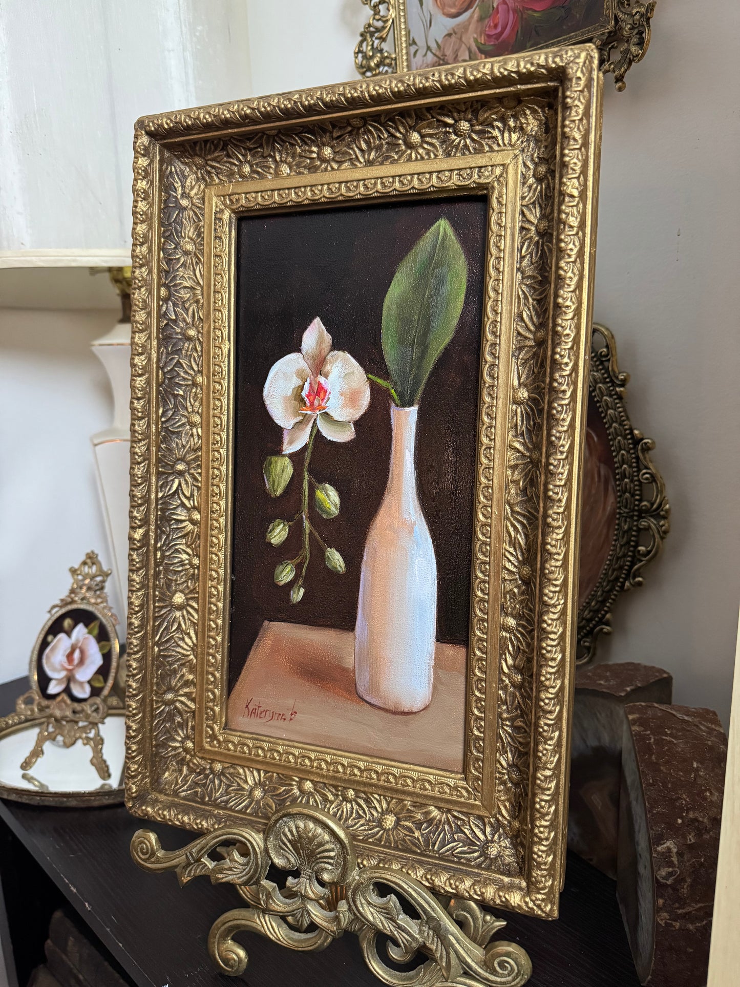 White orchid in a vase original oil painting in wooden vintage floral frame
