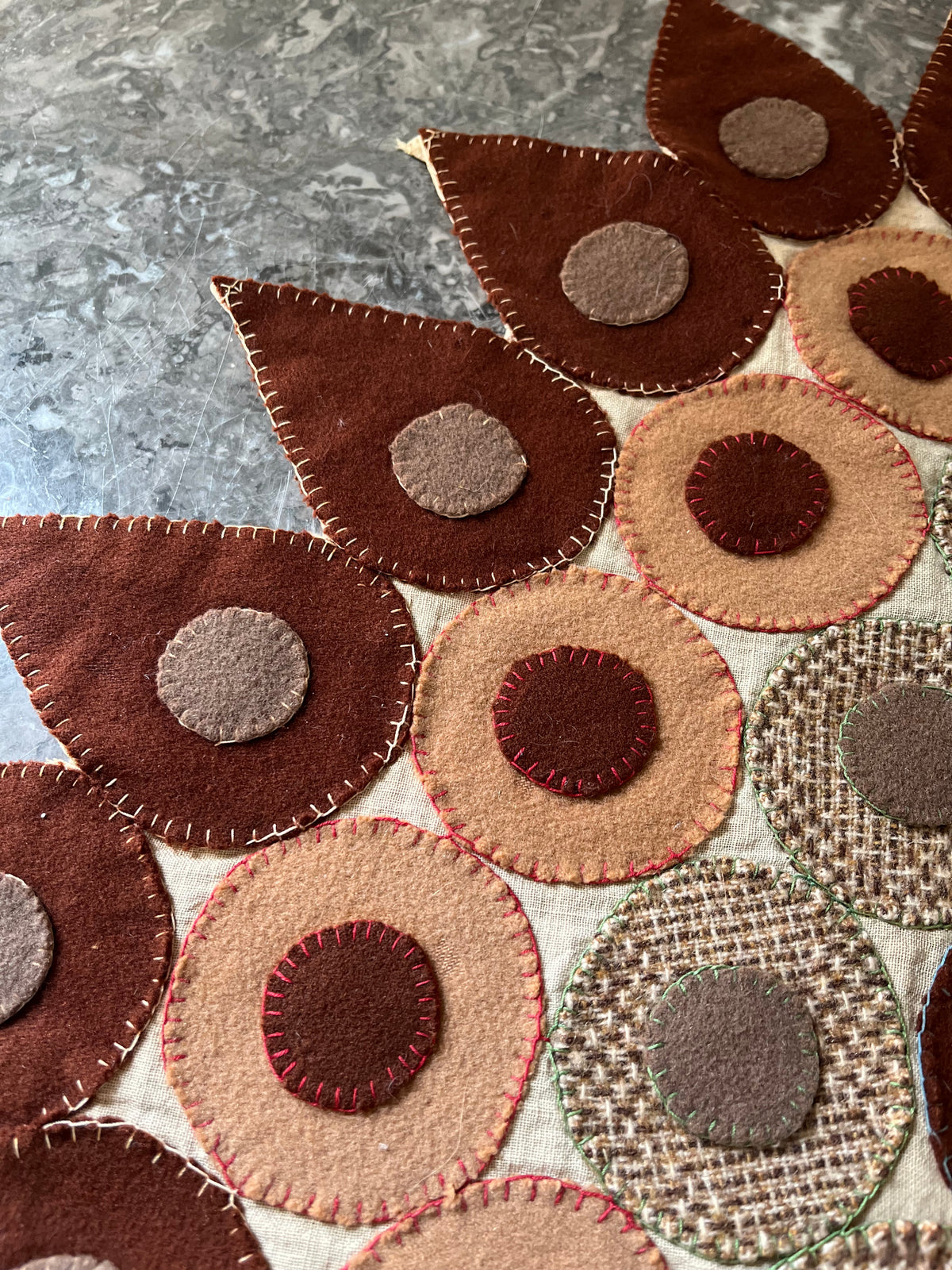 Original Antique 19th Century Hand-Stitched Wool Penny Rug Table Cover | Folk Art Textile