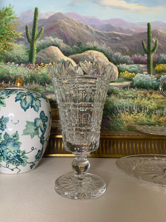 Stunning Waterford crystal footed 10” vase with scalloped rim and intricate cut details!