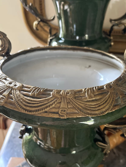 Grand Pair of French Empire Style Bronze-Mounted Urns in Antique Moss Green/Light Marbelization