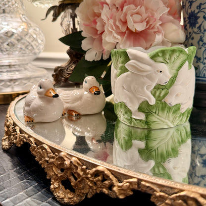 Vintage bunny rabbits cabbage ware ceramic planter 4h