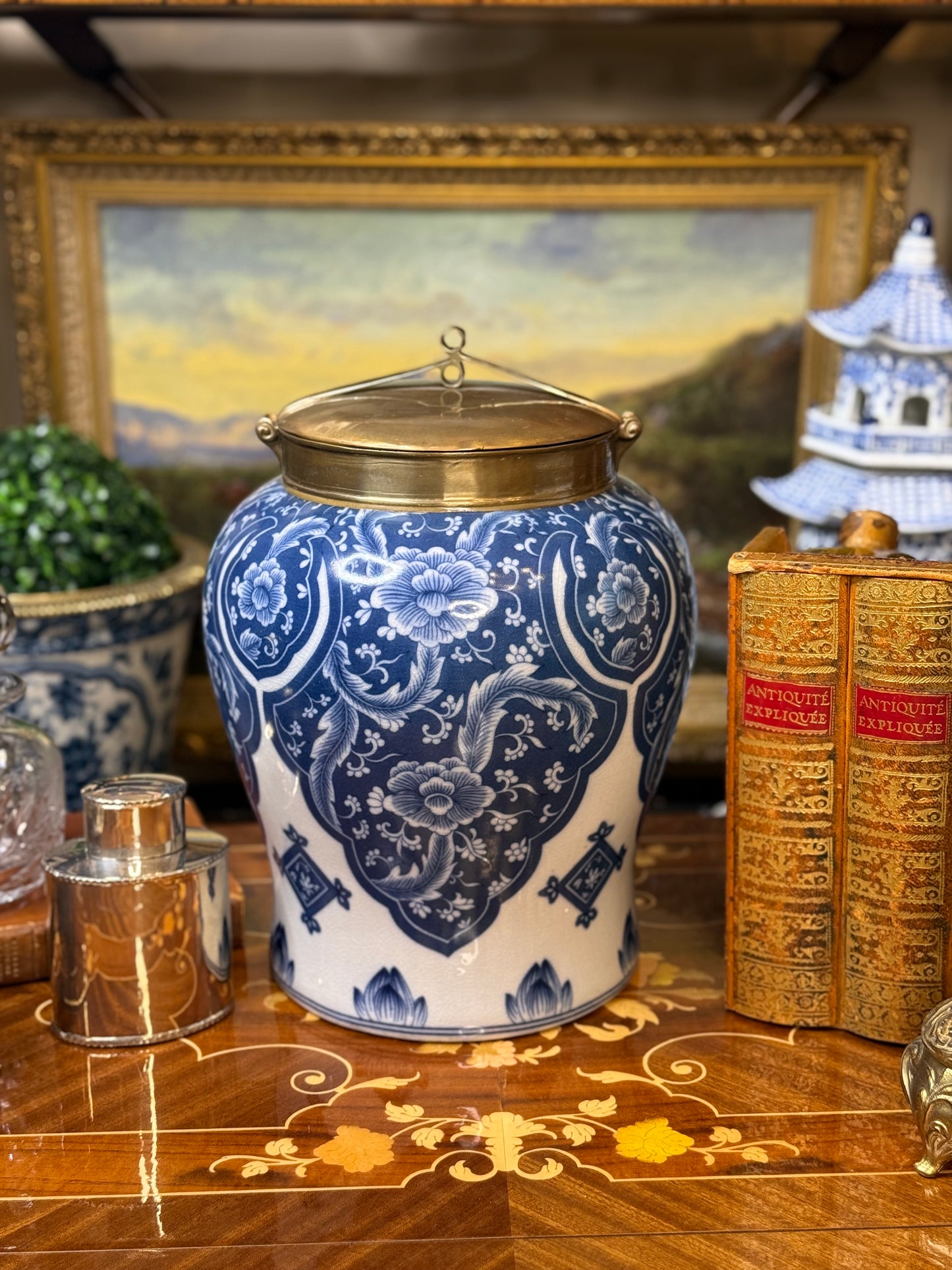 Danny's Fine Porcelain: 10” Tall Blue/White Porcelain Jar W/ Bronze Lid (2 sizes to choose)