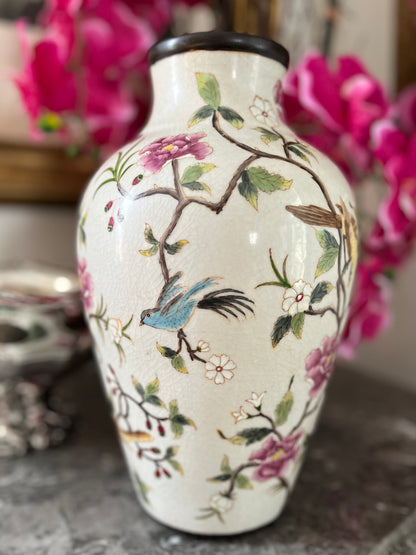 Gorgeous Large Antique Chinese Famille Rose Enamel Vase with Birds & Blossoms, Rolled Brown Rim
