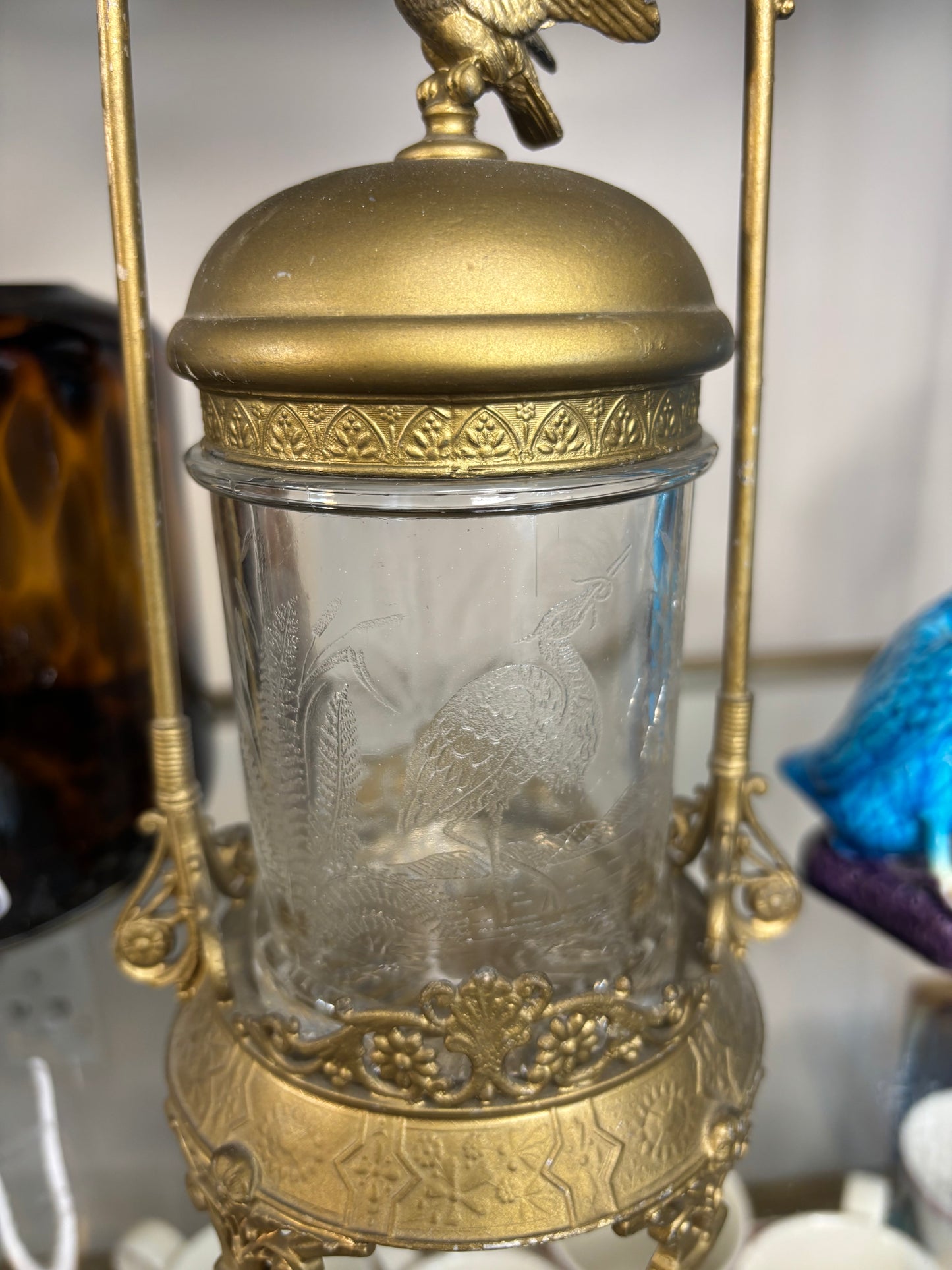 Stunning antique pickle jar in cast metal with bird details!
