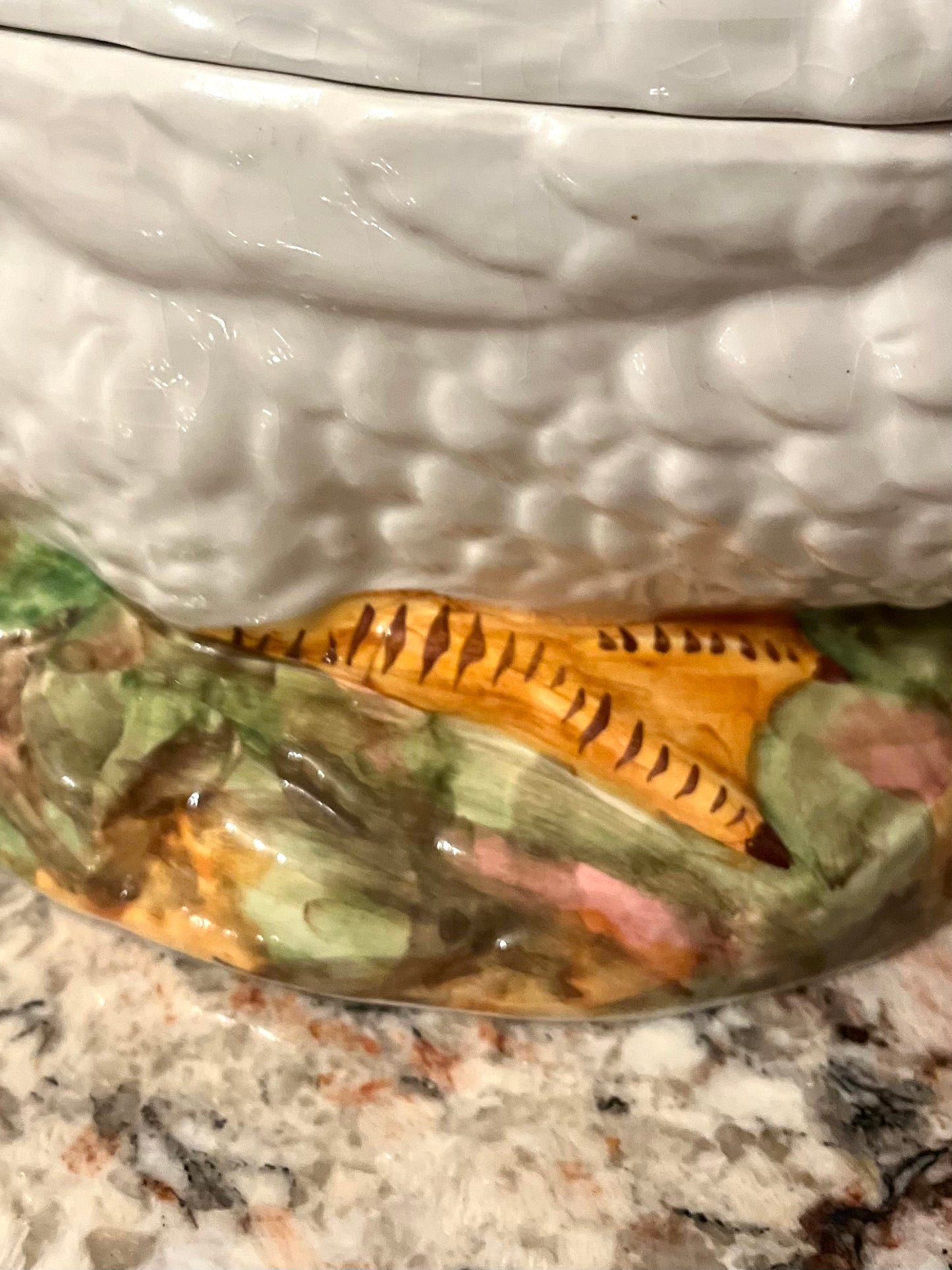 Elegant Mid Century Italian Hand Painted Goose Covered Dish – Base Greens, Rose & Gold