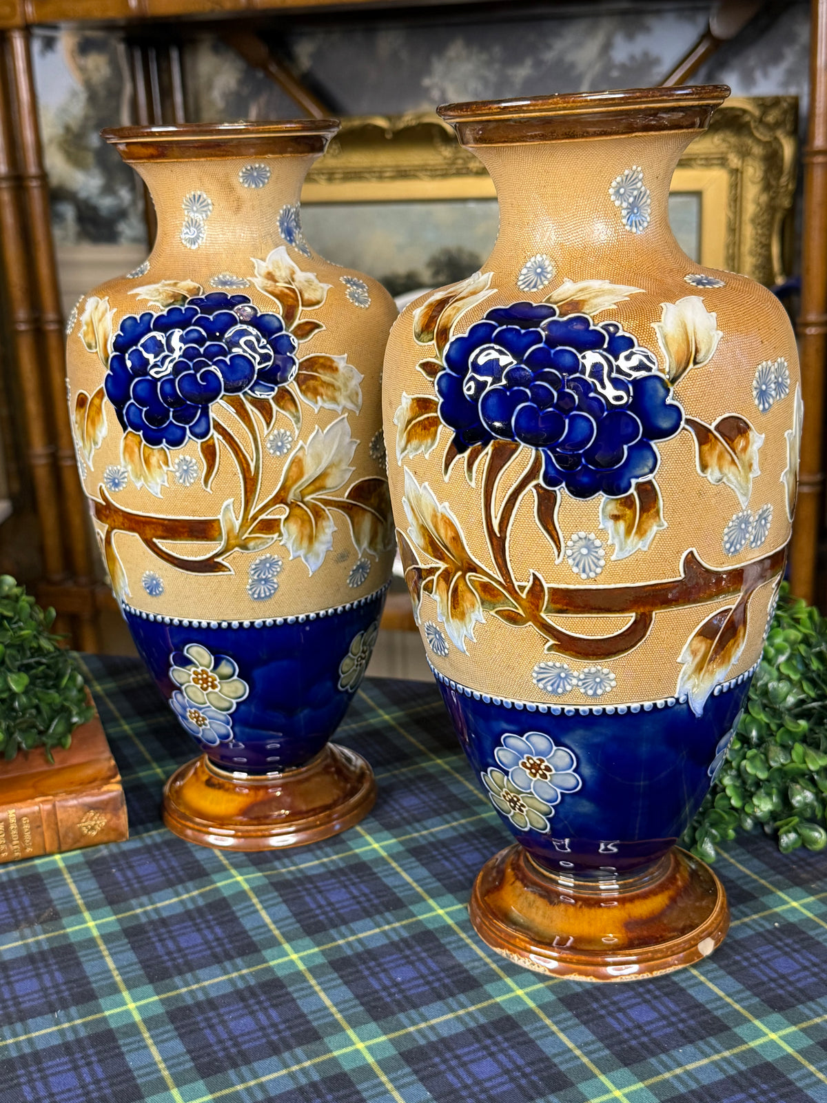 RESERVED - GRANDDIVA - Pair of Antique Royal Doulton Slater’s Patent Stoneware Floral Vases | Cobalt Blue & Ochre | c. 1905–1910