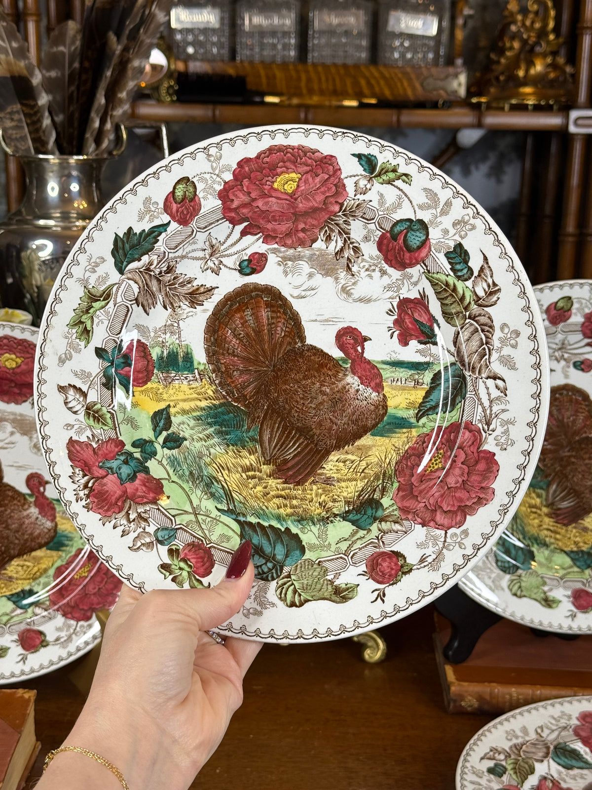 Antique Wedgwood Set of (5) “Formosa” Turkey Dinner Plates | Etruria England | Game Bird Transferware | Circa 1903 | 10.25”