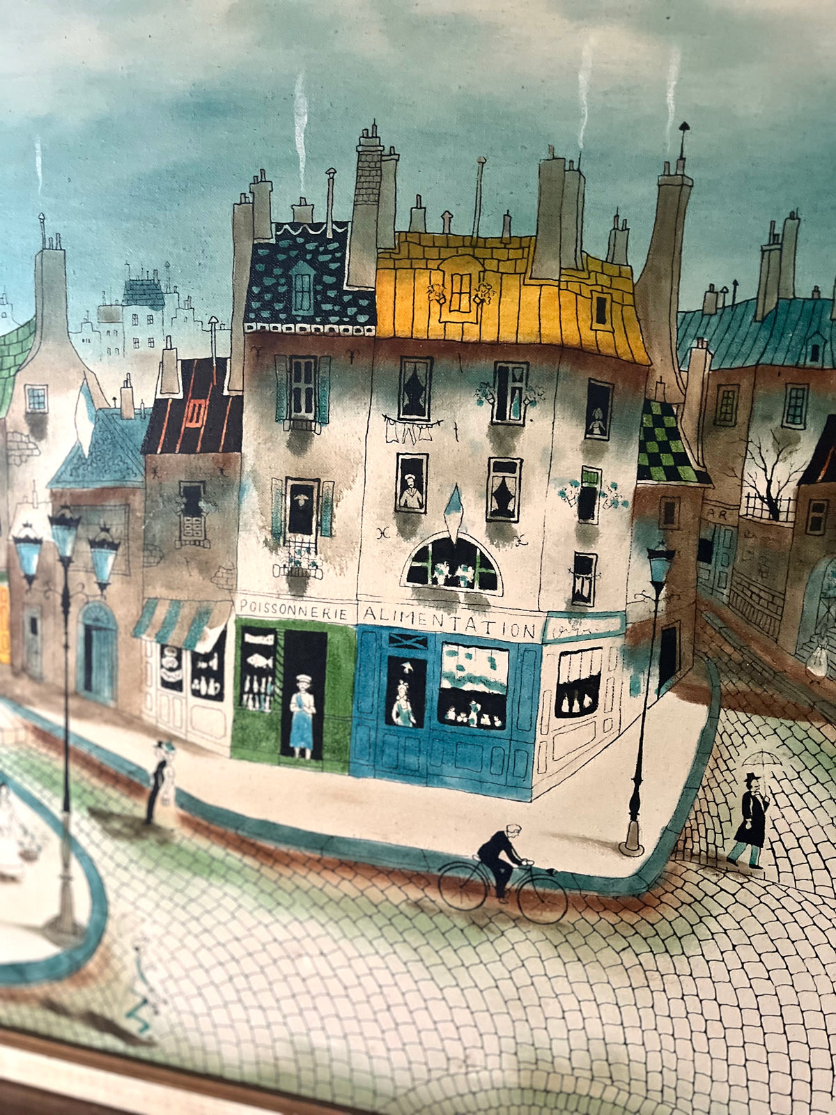 Whimsical Robert Scott Mixed Media French Street Scene Oil & Ink On Canvas - Mid 20th Century