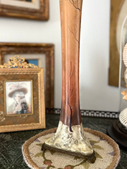 Live 06/29 French Enameled Art Glass Vase — Bare Winter Tree, Bronze Mount, Art Nouveau c. 1900