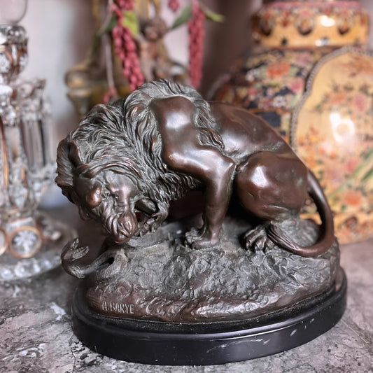 French Animalier Bronze Lion Sculpture “Lion au Serpent” (Barye Recast) on Marble Plinth — Early 20th Century