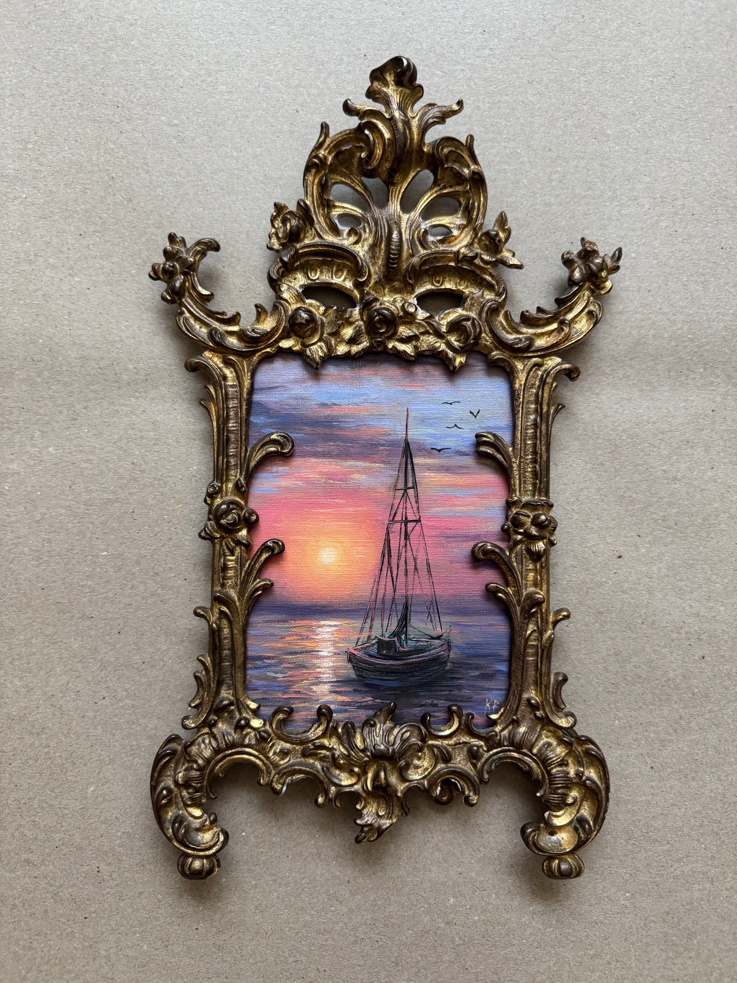 Original artwork seascape in antique brass frame 12x7”