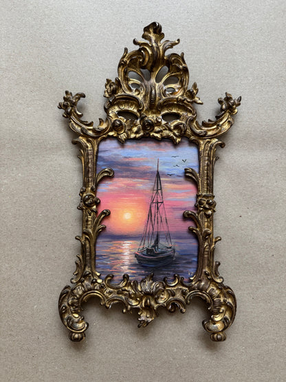 Original artwork seascape in antique brass frame 12x7”