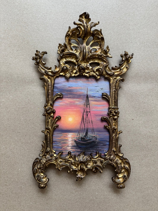 Original artwork seascape in antique brass frame 12x7”
