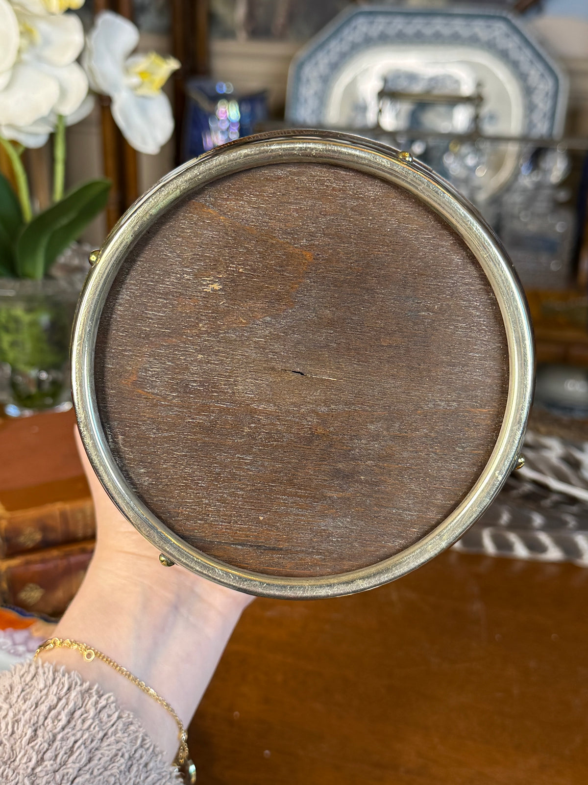 RARE - MOLLIE - Antique English Oak & EPNS Silver Plate Biscuit Barrel with Shield Cartouche, c.1900, 7” H