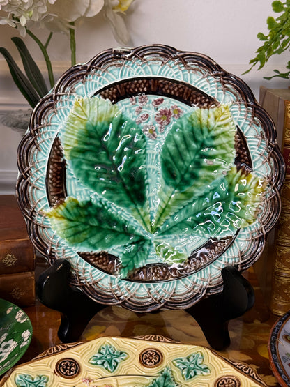 Pair of Antique English Majolica Botanical Plates | Grape Vine & Horse Chestnut Leaf | Victorian Cabinet Plates | 7¼” & 7¾”