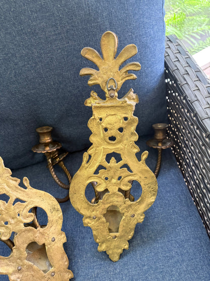 Antique Victorian Figural Brass Wall Sconces with two arms pair!