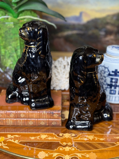 Antique 10” Tall English Black Staffordshire Mantle Dogs (c. 1890–1910) – Pair with Gilt Chain