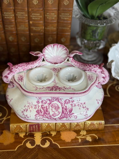 Antique French Pink Transferware Gien Faience Double Inkwell Stand with Dolphin Handles & Shell Pen Tray, c. 1875–1900, 8”W x 4”D x 5”H