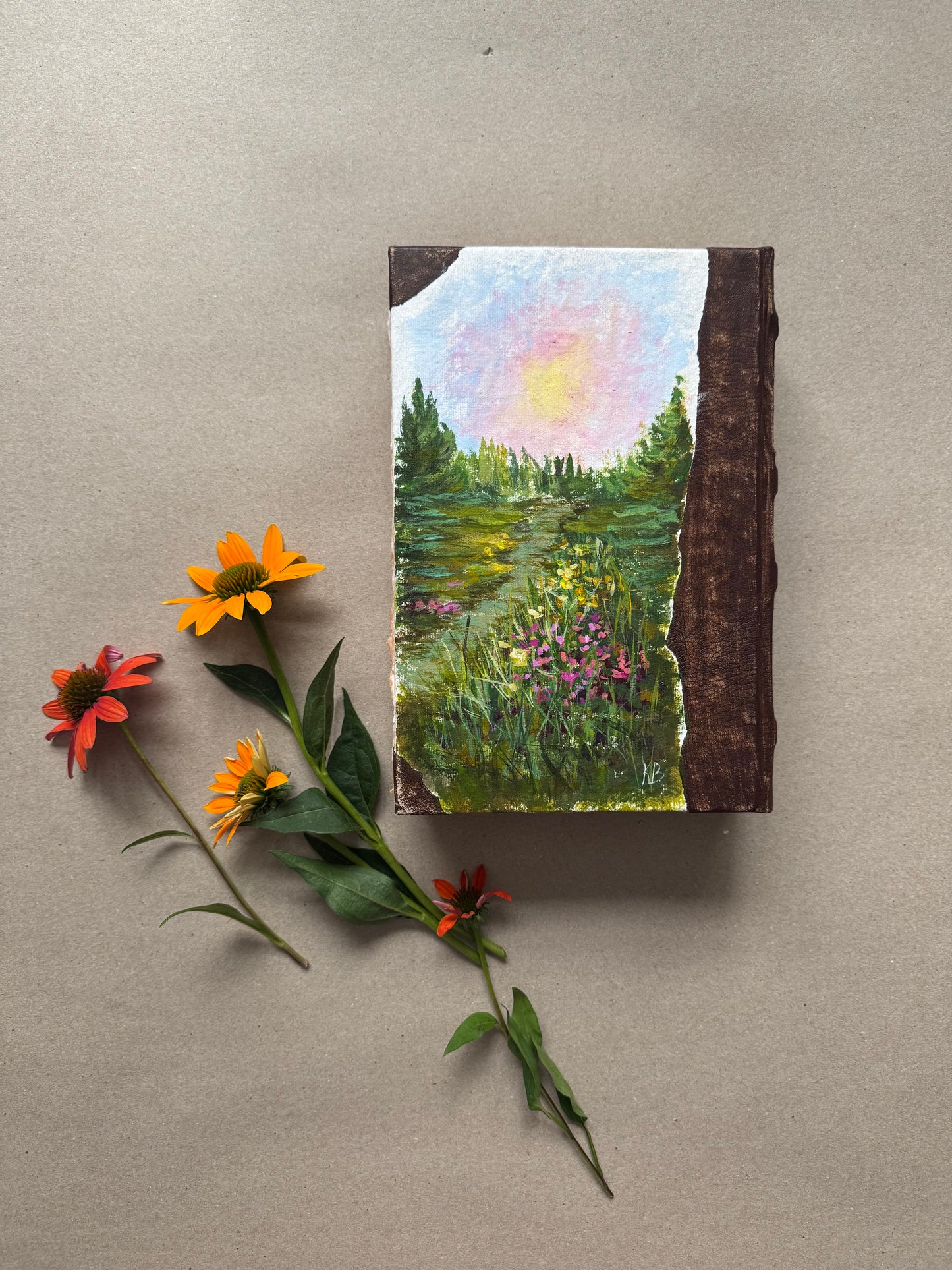 Original art hand made, hand painted leather bound journal 10x7”