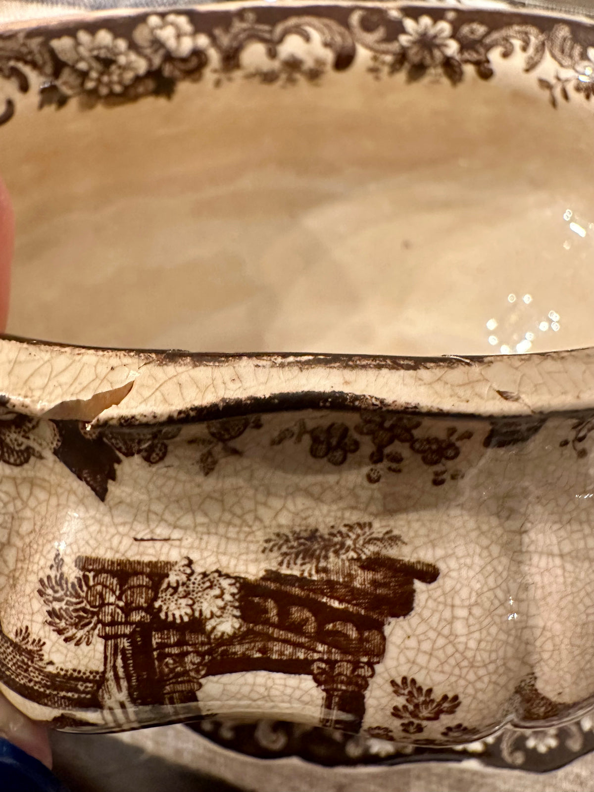 Antique English Corinthian Brown Transferware Pearlware Tureen, Lid & Stand, c. 1830s–1840s