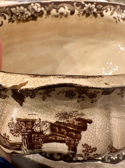 Antique English Corinthian Brown Transferware Pearlware Tureen, Lid & Stand, c. 1830s–1840s