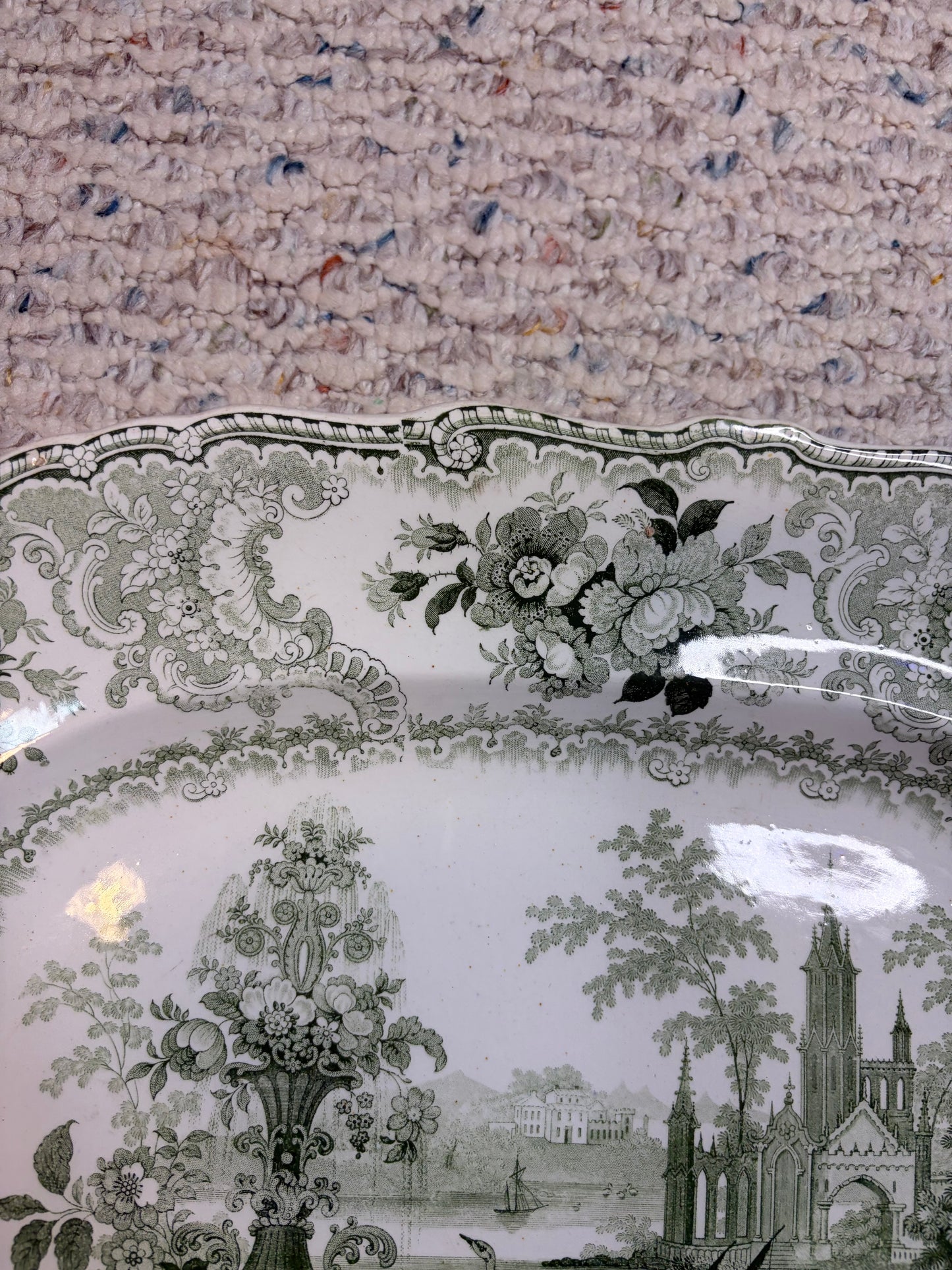 Stunning antique William Adams & Sons "Fountain Scenery" green and white transferware platter with strainer!