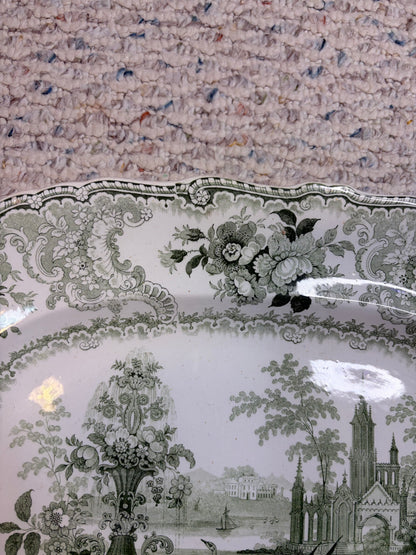 Stunning antique William Adams & Sons "Fountain Scenery" green and white transferware platter with strainer!