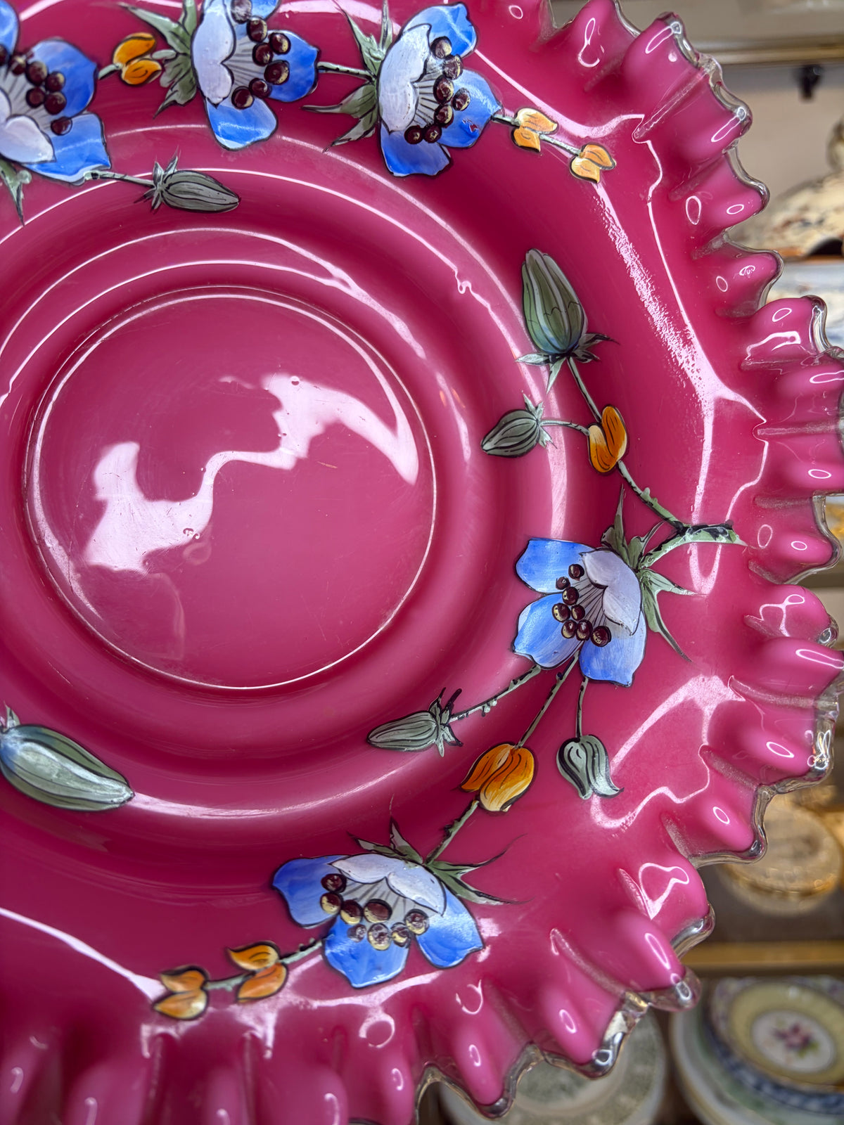 Stunning handpainted floral and pink ruffled edges bowl!