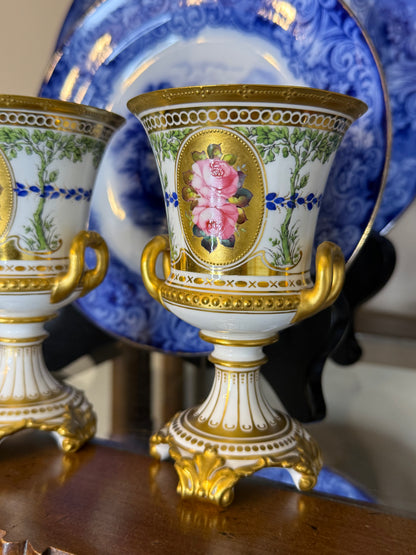 Antique Cir. 1900, Royal Crown Derby Vase Pair W/ Painted Roses, 5” tall, 3”D #DA4445
