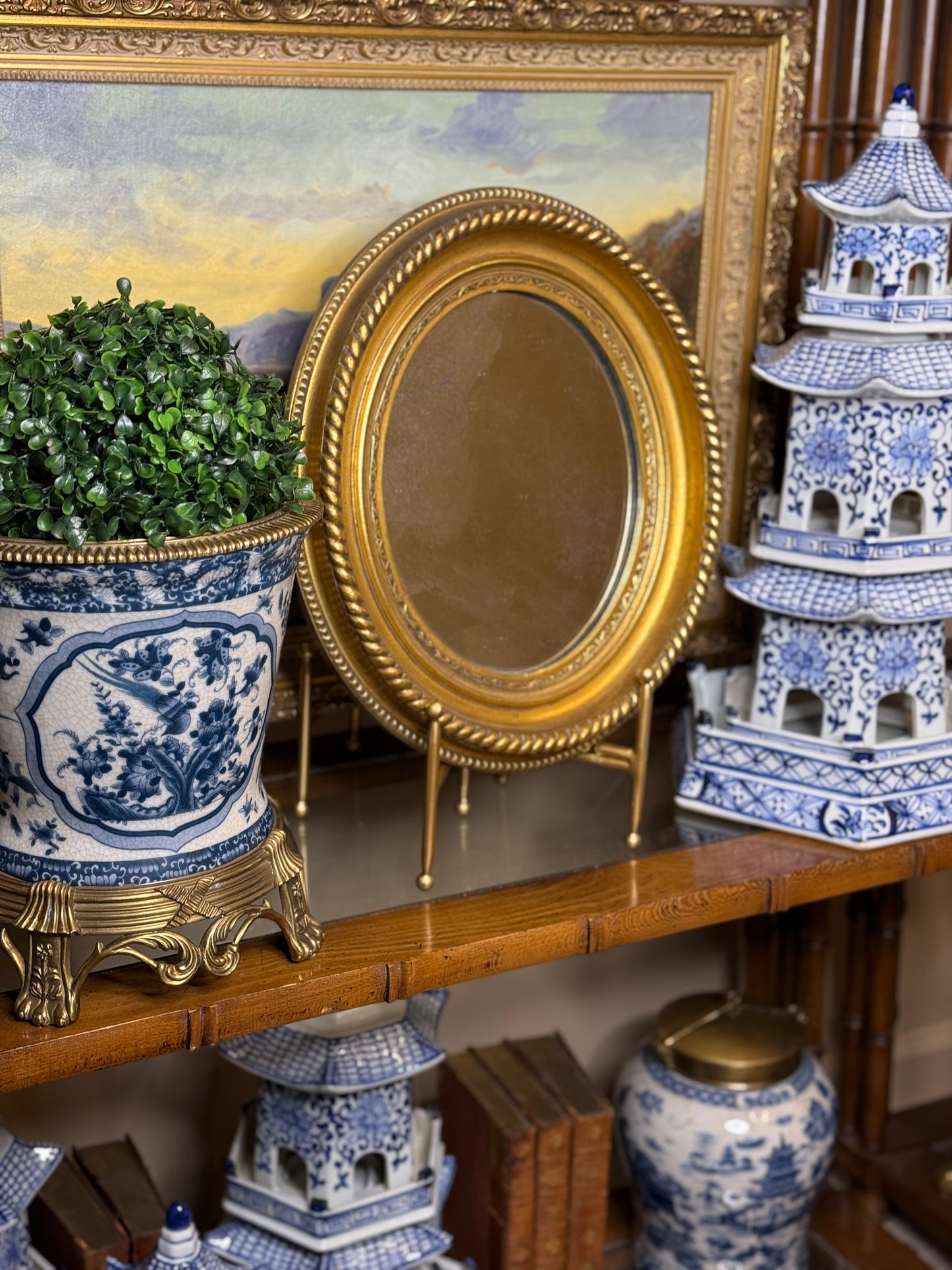 Antique 19th-Century Oval Giltwood Mirror with Rope Twist Frame: 15x13x2”