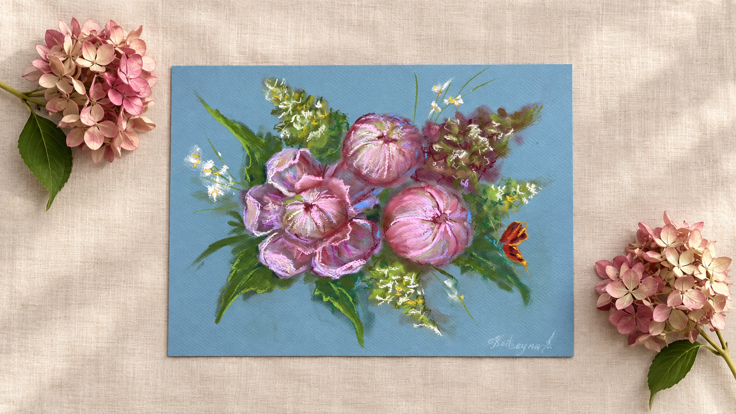 Pink Hydrangea pink peony Soft Pastel Drawing Original Floral Art 9x12”