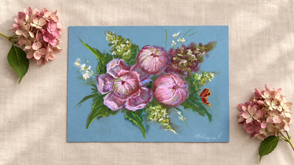 Pink Hydrangea pink peony Soft Pastel Drawing Original Floral Art 9x12”