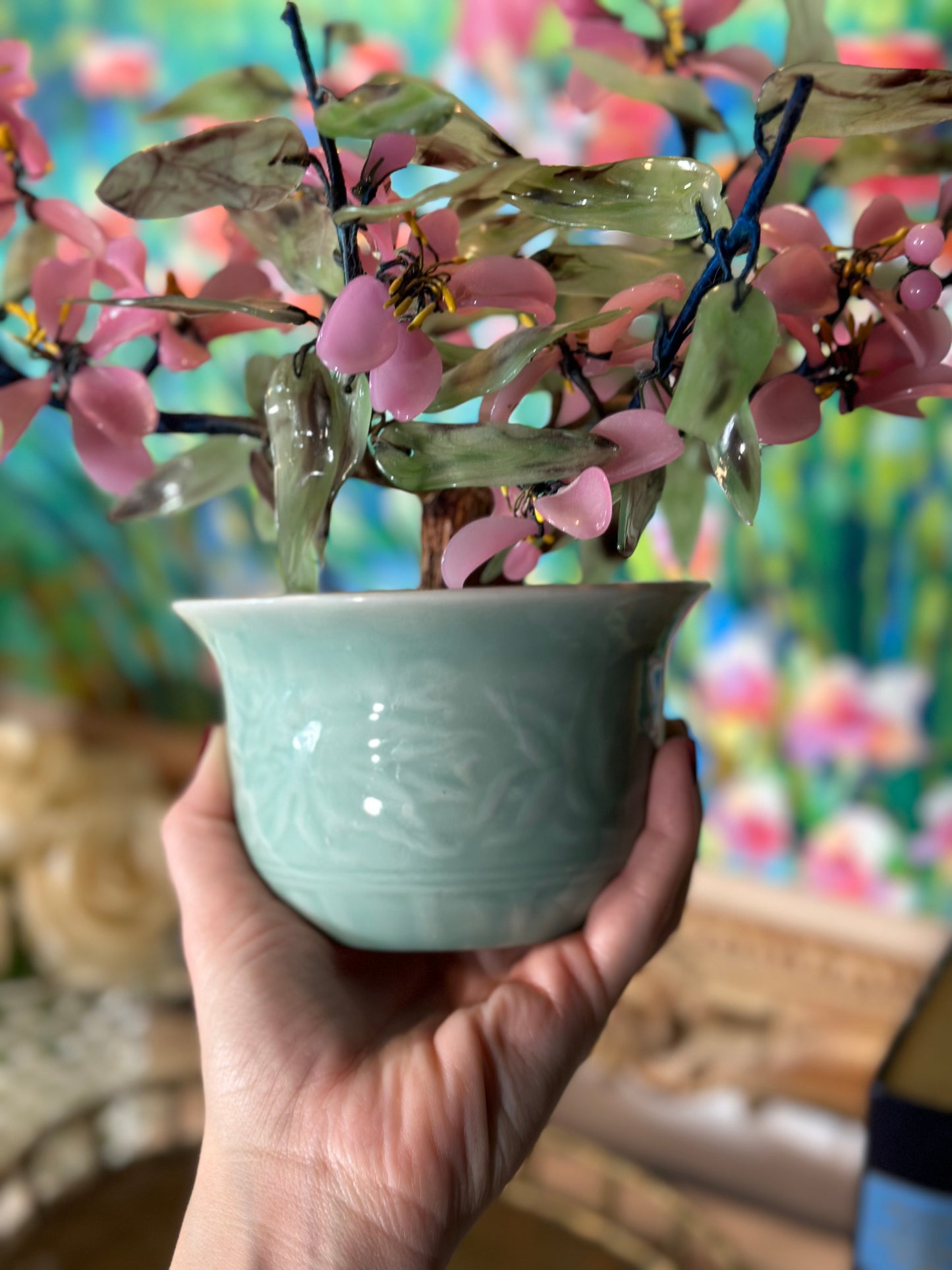 Vintage Pink Floral Jade Tree in Green Celadon Pot, 11” tall - Excellent!