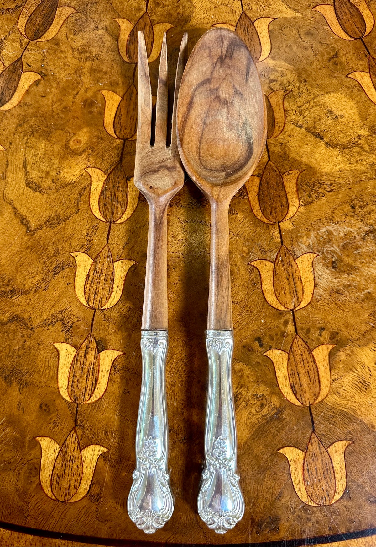 Vintage Web Silver Co. Ancestry Sterling Silver & Teak Salad Servers | c. 1950s