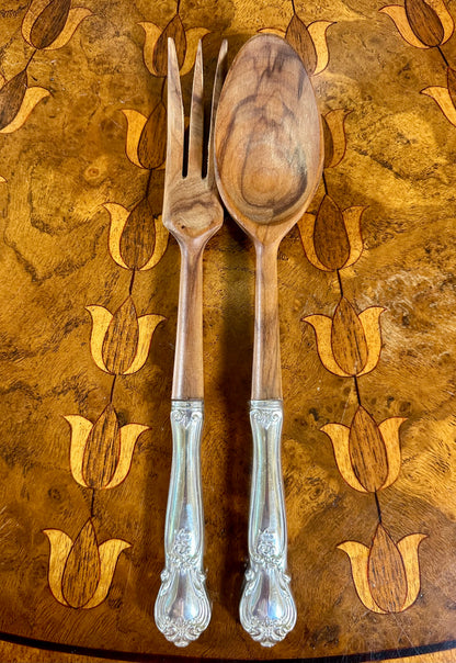 Vintage Web Silver Co. Ancestry Sterling Silver & Teak Salad Servers | c. 1950s