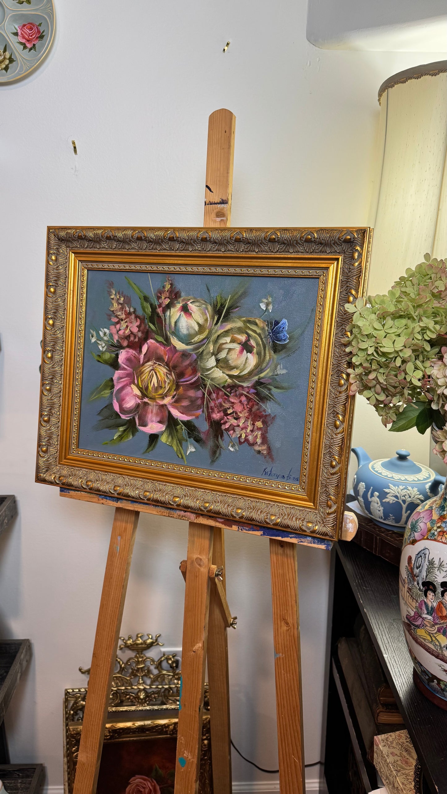 Pink and white peonies with pink hydrangeas original oil painting