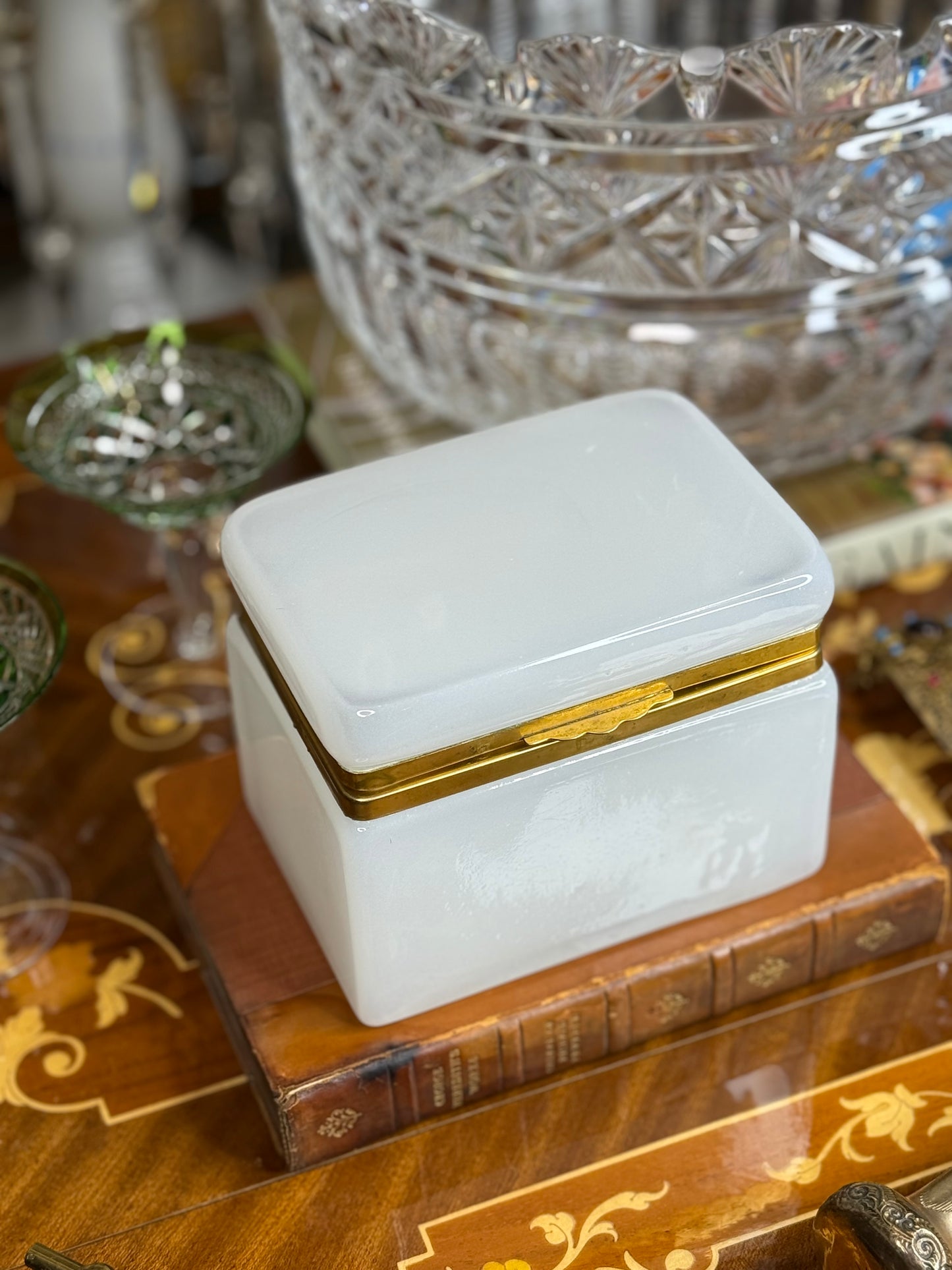 Antique French Opaline Glass Hinged Box with Gilt Mount | 5.25” x 3.25” x 4.25” Tall