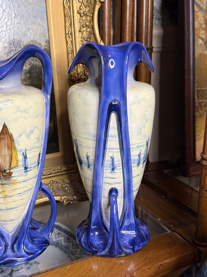 Antique 12.5” Tall Royal Bonn Franz Anton Mehlem Pair of Hand-Painted Maritime Vases | Model 2758 | c.1900 | DA4418