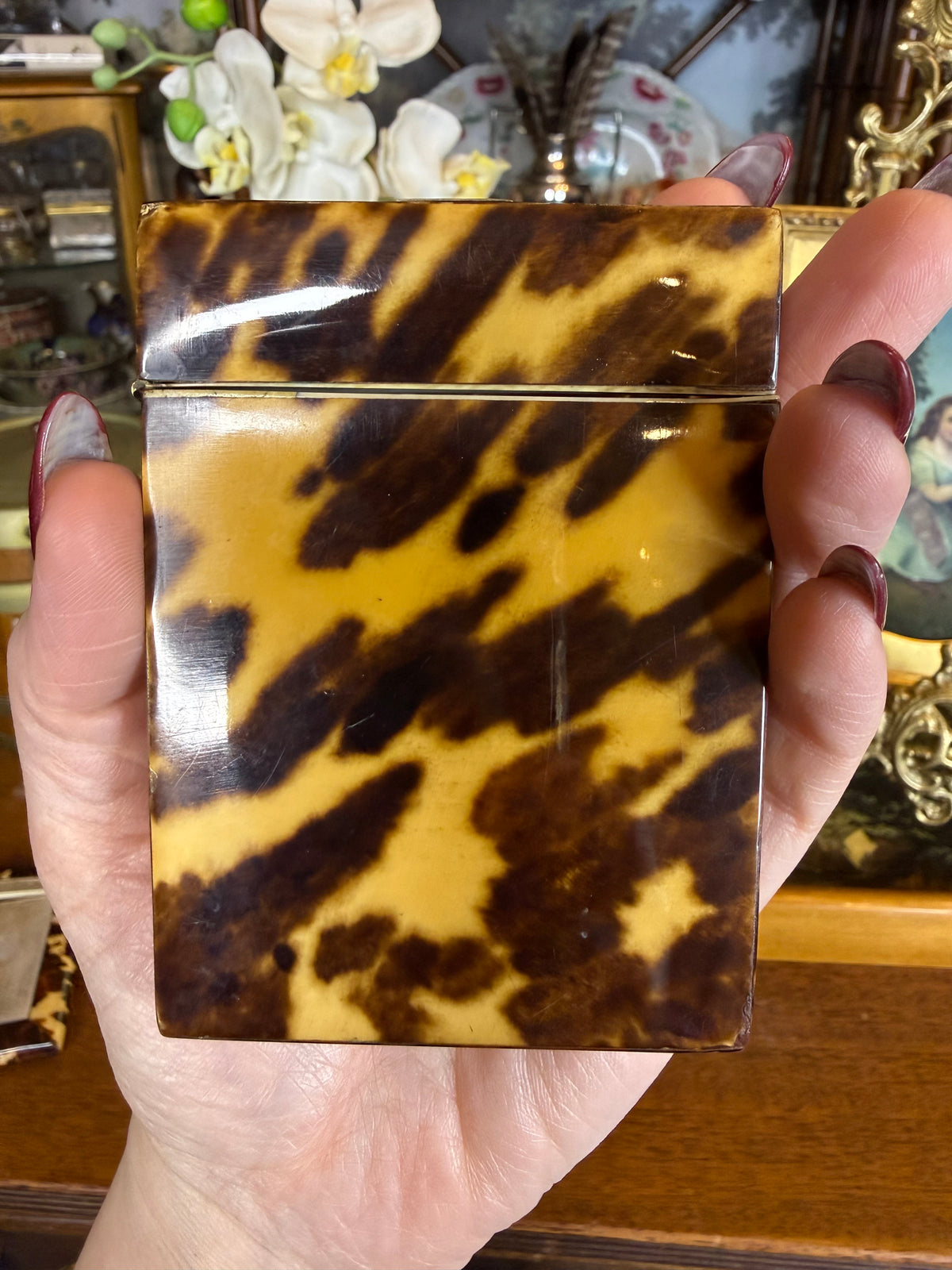 Antique Victorian Tshell🤎🐢 Calling Card Case | Mother-of-Pearl & Abalone Floral Inlay | Sterling Silver EF Monogram | 4” × 3”