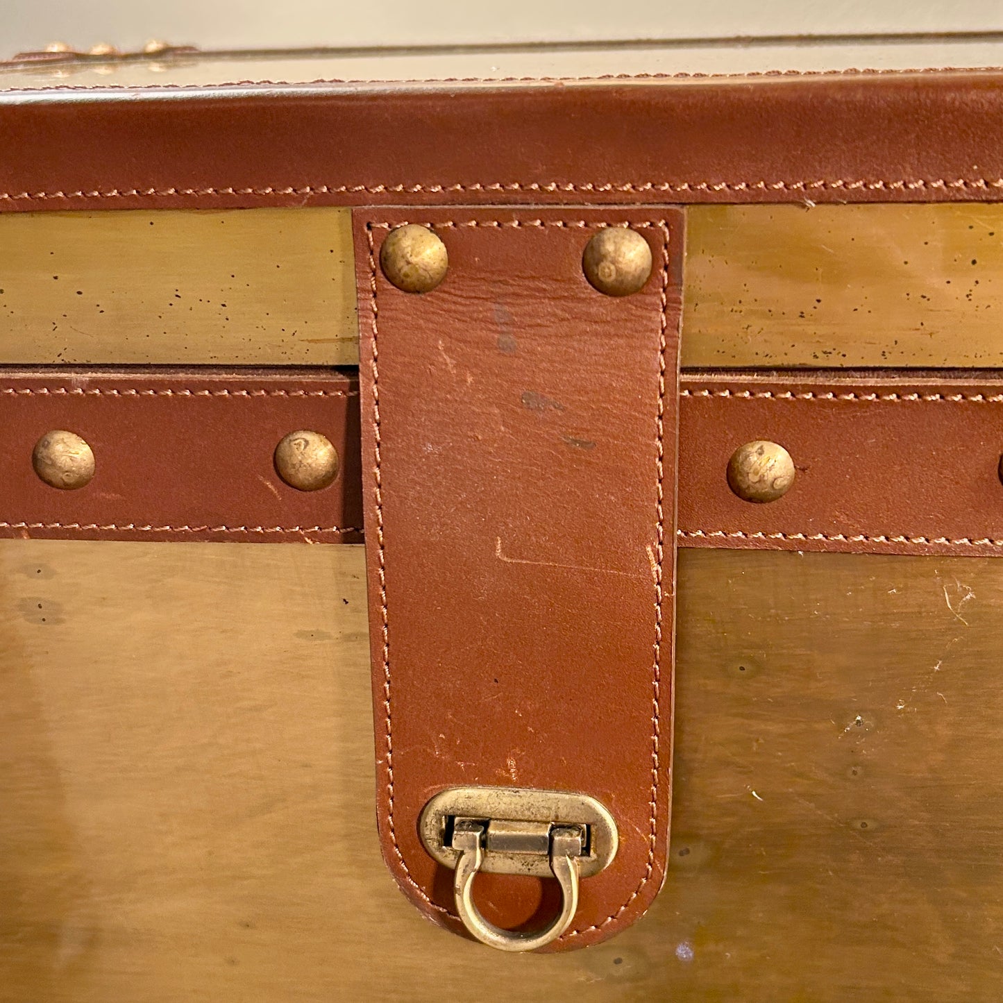 Massive Rustic chic brass and leather storage chest trunk 18 x 12